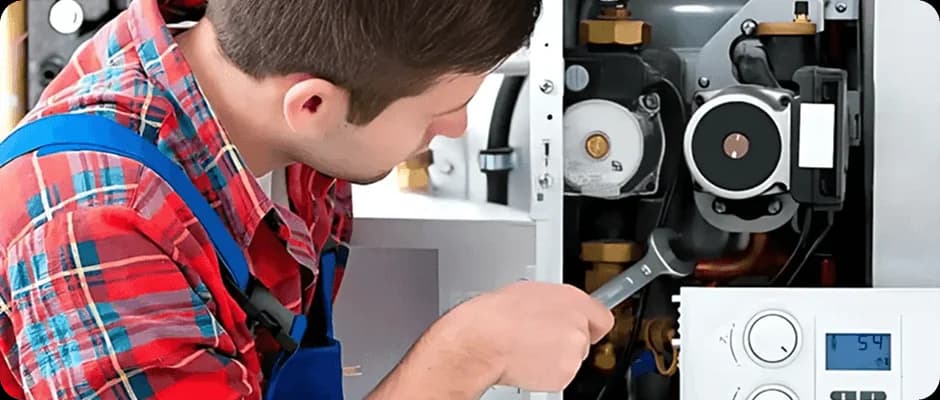 Man in een geruit hemd en blauwe salopette die met een steeksleutel een onderdeel aanspant in een geopende wandketel